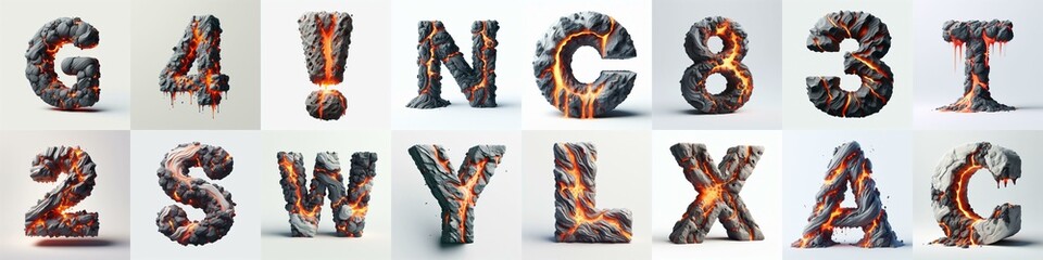 Raw stone and lava 3D Lettering Typeface. AI generated illustration