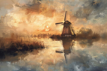 impressionism art dutch windmill - obrazy, fototapety, plakaty