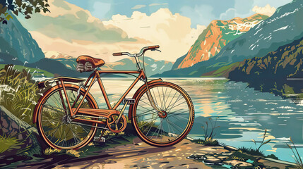 Retro Bicycle Poster: A poster-style illustration of a vintage bicycle with a scenic background. Isolated Vintage Vector. White Background. Old School. - obrazy, fototapety, plakaty