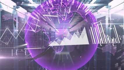 Animation of data processing with globe over server room - Powered by Adobe