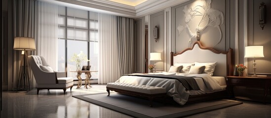 A bedroom featuring a grand king-sized bed as the focal point, complemented by an elegant chandelier hanging from the ceiling.