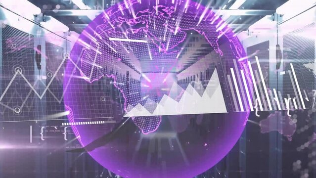 Animation of data processing with globe over server room - Powered by Adobe