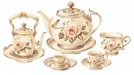 Antique Tea Set Artwork: An illustration of a vintage tea set with delicate patterns and elegant styling. Isolated Vintage Vector. White Background. Old School.