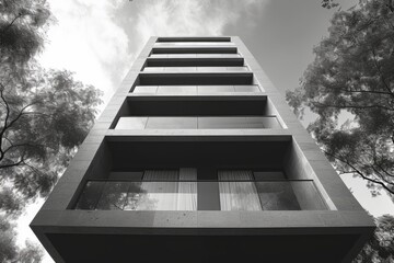 Black and white photo. Beautiful modern architecture of the building