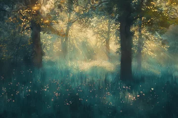 Abwaschbare Fototapete Morgen mit Nebel impressionism art nature forest green