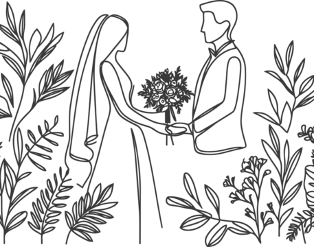 married, wedding continuous line drawing minimalist, simplicity contour, 