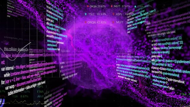 Animation of data processing over purple globe on black background