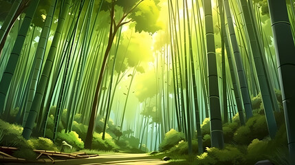 Fototapeta premium Bamboo forest, tall bamboo stalks, tranquil and Zen green background