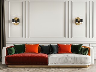 Modern Living Room Render: Multi-Colored Sofa on Wooden Floor, Empty White Wall with Lights