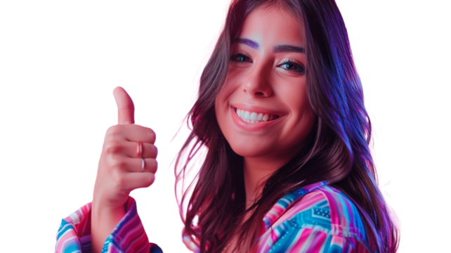 Young hispanic woman giving a thumbs up gesture and smiling at camera isolated on transparent or white background.
