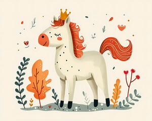 Whimsical birthday pony in a golden crown cartoon landscape on a beige background