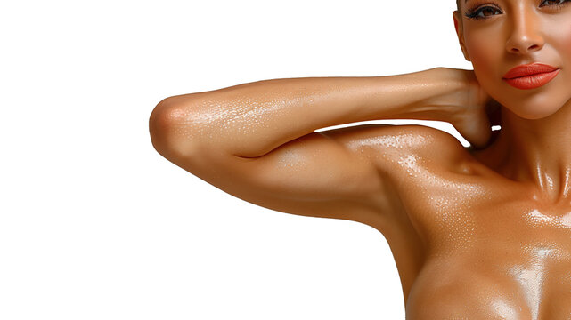 Imagem de est&eacute;tica e depila&ccedil;&atilde;o: Linda jovem mostrando a pele lisa e perfeita em fundo transparente.