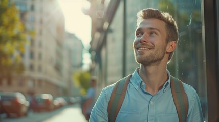 Fototapeta premium Positive man looking up in urban setting - A smiling young man with a backpack looks optimistically upwards in a sunlit city street scene