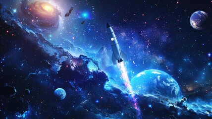 Rocket launching into a starry galaxy scene - Dramatic and dynamic depiction of a rocket launching into a vast galaxy filled with stars, planets, and a whirlpool galaxy