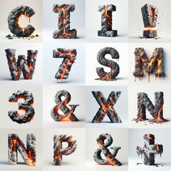 Raw stone and lava 3D Lettering Typeface. AI generated illustration