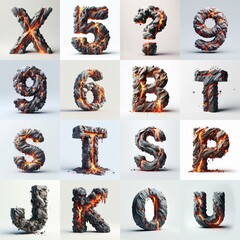 Raw stone and lava 3D Lettering Typeface. AI generated illustration