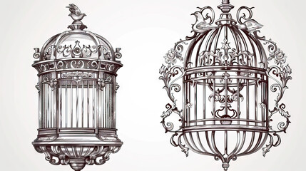 Victorian Birdcage Sketch: A detailed sketch of a Victorian-style birdcage with elegant patterns. Isolated Vintage Vector. White Background. Old School.