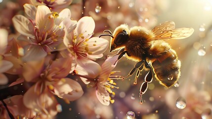 Bee Honey Flower Bees buzzing around vibrant flowers, harvesting nectar for honey in a commercial setting