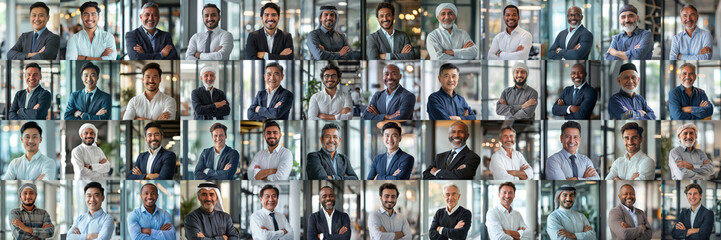 Collage mosaic of photos of businessmen, men of different races and ages, active business people, banner
