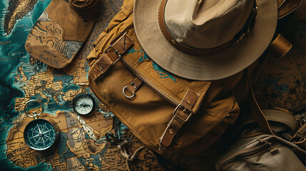 A collection of travel essentials including a backpack, a hat, and a compass, laid out on a rustic map. - obrazy, fototapety, plakaty