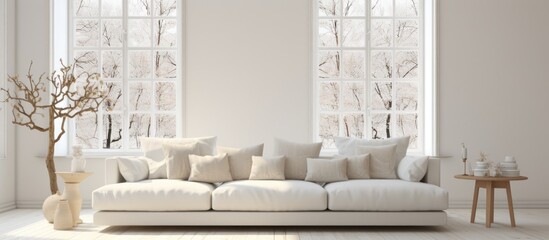 A modern living room featuring a white couch and two windows. The room is illuminated by natural light coming in through the windows, creating a bright and airy atmosphere.