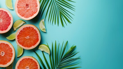 Overhead Shot of Citrus Fruits and Tropical Foliage on Sky Blue Background: Healthy Eating Concept