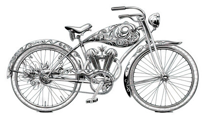 Vintage Bicycle Illustration: A detailed illustration of a classic bicycle with intricate design elements. Isolated Vintage Vector. White Background. Old School.