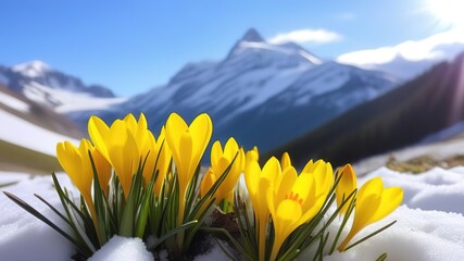 Spring yellow crocus flowers in mountains snowdrops early spring copy space march april botany...
