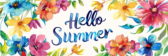 Watercolor illustration of a frame of summer flowers, inside the text Hello Summer, summer banner