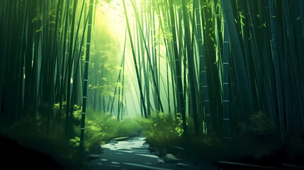 Naklejka premium Bamboo forest, tall bamboo stalks, tranquil and Zen green background