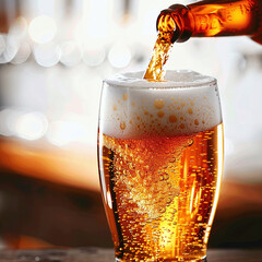 close up glass of beer with foam filled up in a pub - obrazy, fototapety, plakaty