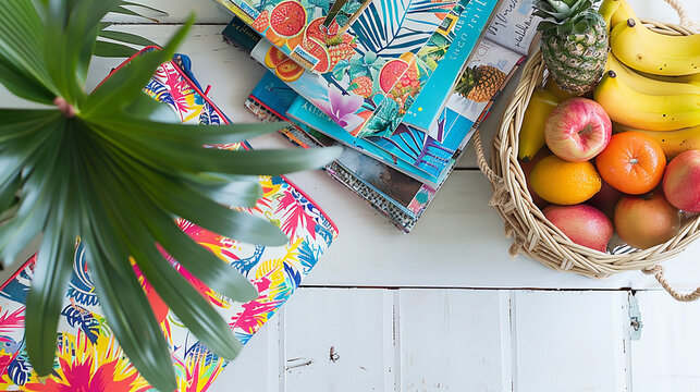 A colorful beach bag, a stack of magazines, and a tropical fruit platter on a white wood table, creating a laid-back vacation vibe.