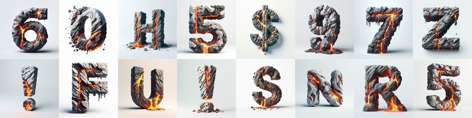 Raw stone and lava 3D Lettering Typeface. AI generated illustration