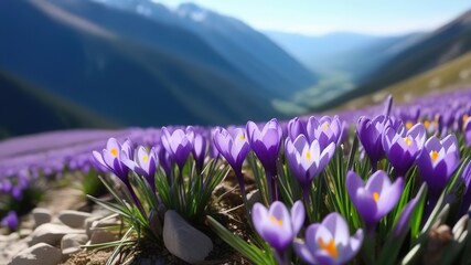 Spring purple crocus flowers in mountains snowdrops early spring copy space march april botany plants fresh travel vacation valley - obrazy, fototapety, plakaty