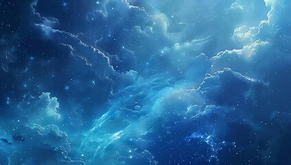 a blue space background with stars and clouds in the 