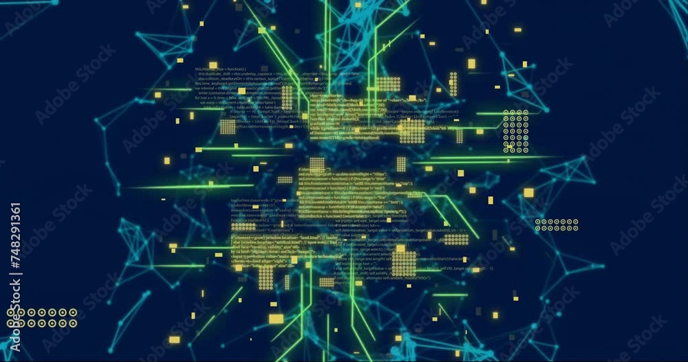 Poster animation of data processing and network of connections on black background