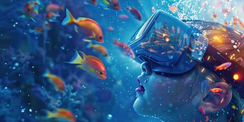 A child in a yellow shirt experiences underwater virtual reality, ideal for showcasing immersive learning, virtual marine exploration, or cutting-edge entertainment technology.