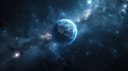 Planet Earth in space with stars and nebula.