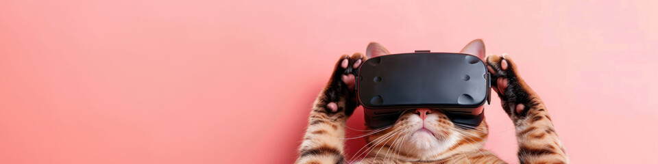 A whimsical image of a cat with a VR headset, ideal for humorous tech advertisements, promoting pet-friendly content, or illustrating the fun side of virtual reality experiences. - obrazy, fototapety, plakaty