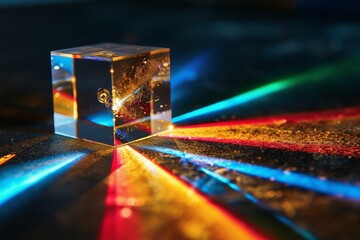 A glass prism breaks a laser beam into the spectral colors on a black background.