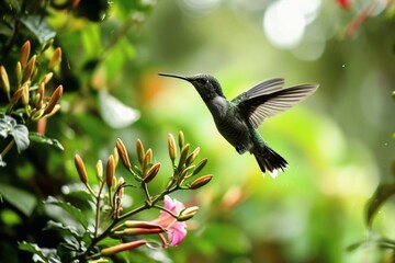 Obraz premium A hummingbird in flight looking for nectar in the jungle.