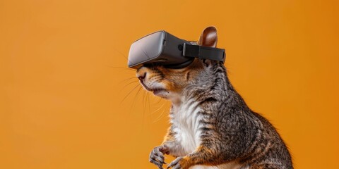 A squirrel in a VR headset on an orange backdrop, perfect for eye-catching marketing materials for VR gaming, interactive learning tools for wildlife, or engaging content for tech blogs