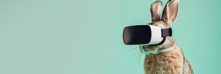 A rabbit adorned with a VR headset against a teal background, suitable for promoting pet-friendly technology, imaginative animal behavior studies, or playful tech-related social media posts