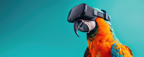 A parrot with a VR headset, ideal for tech adverts, virtual conservation education, or representing diverse gaming audiences