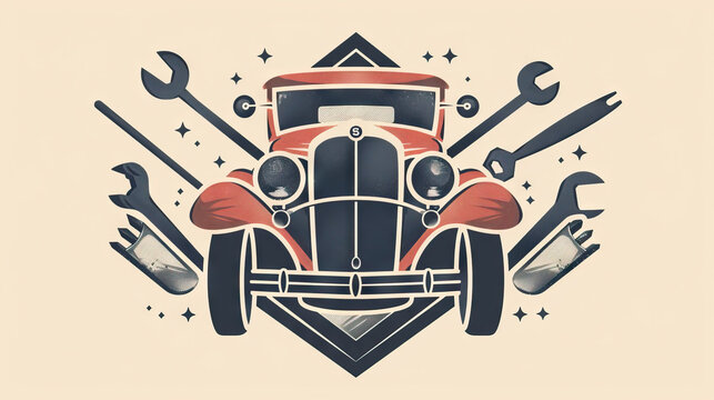 Vintage Automobile Repair Shop Logo: A logo featuring a classic car with tools and a retro font for a nostalgic feel. Isolated Vintage Vector. White Background. Old School.