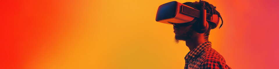 Against a vibrant orange gradient, a man with a VR headset embodies the energy of virtual reality workouts, the style of VR fashion showcases, or the boldness of cutting-edge tech trends