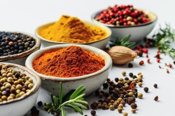 Many spices in porcelain bowls on a white background.
