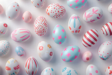 Fototapeta na wymiar Pattern of beautifully and aesthetically decorated Easter eggs on a light background. Top view.