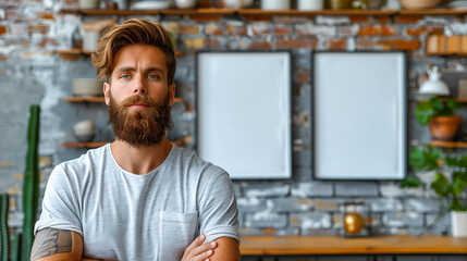 kitchen young man with Tattoo. There is an empty area for additional items or writing space.