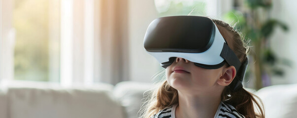 A child gazes upward wearing a VR headset, ideal for visualizing futuristic learning, experiencing immersive storytelling, or promoting child-friendly virtual reality games.